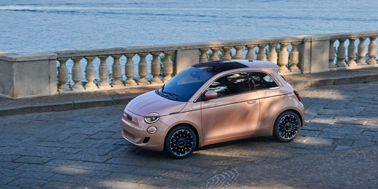 Fiat 500e electric rose gold city car